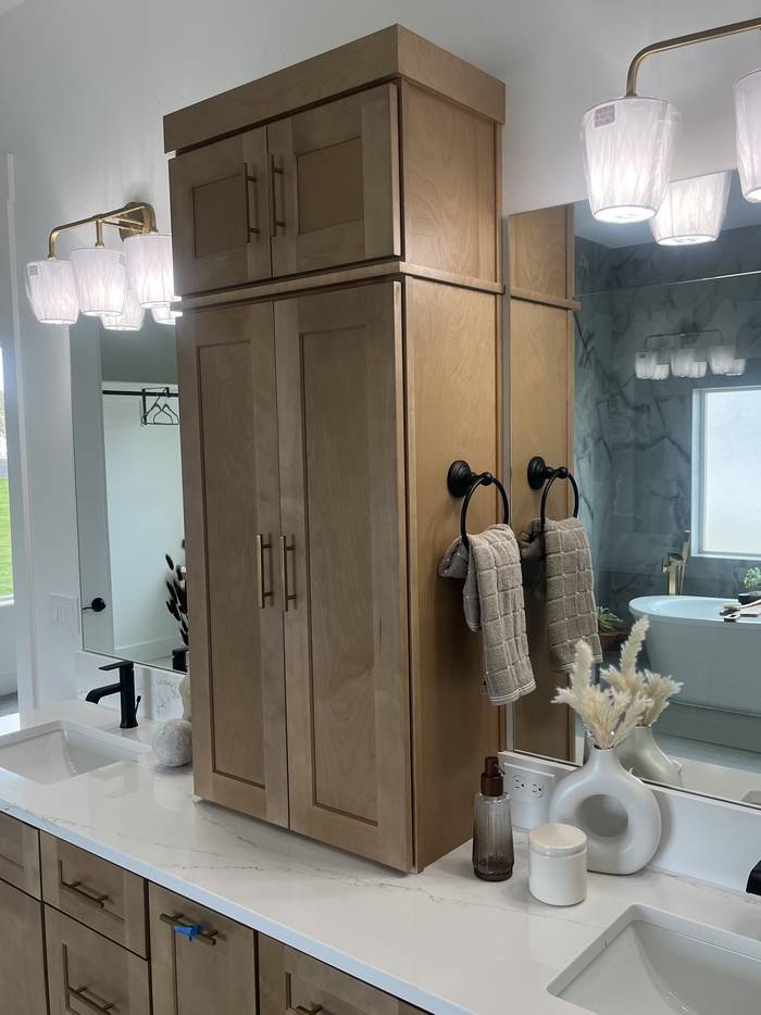 White oak bathroom vanity with linen tower